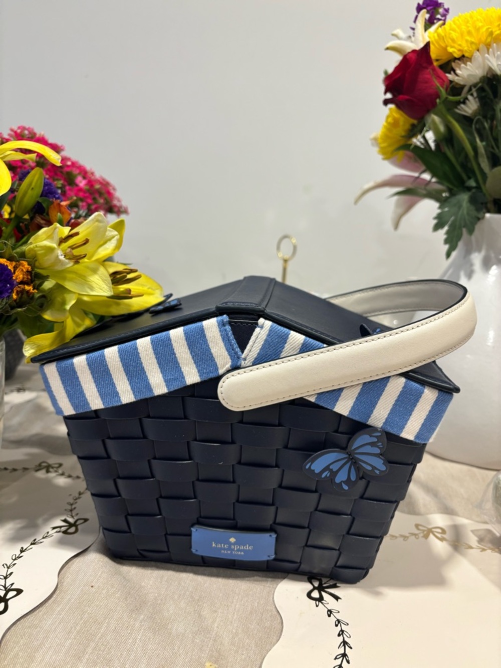 kate spade Navy Woven Picnic Basket Bag with Blue Stripes - Picture 2 of 12